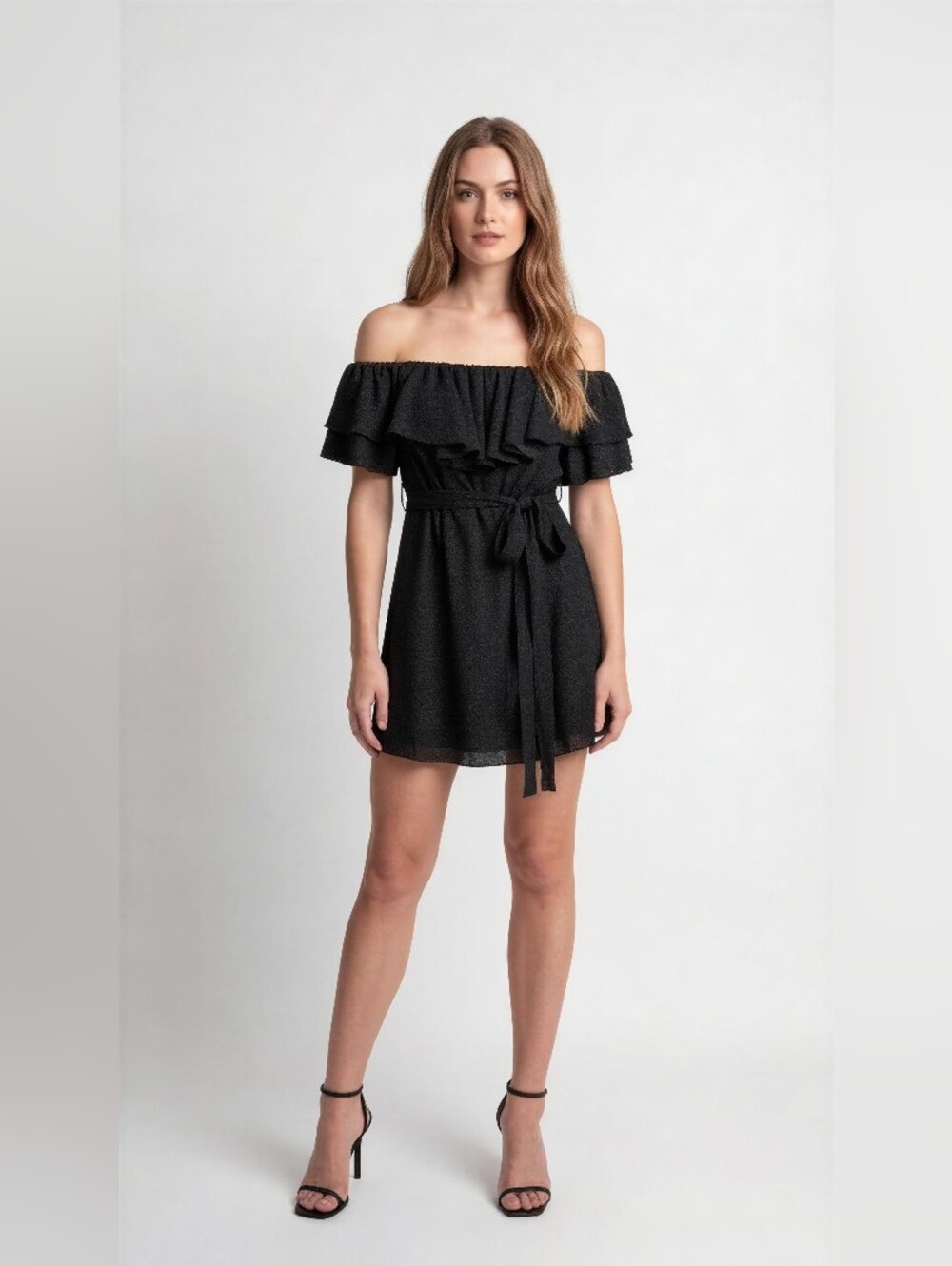 SPIN Off-Shoulder Black Ruffle Dress with Waist Tie SIZE 1XL
